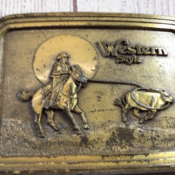 Vintage Brass Western Style Belt Buckle Cowboy on horse roping calf cow Rodeo - Picture 3 of 9